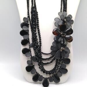 Black Crystal Beaded Flower Pendant Necklace, 6 strands, 10 Ounces, 25 Inches